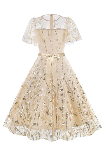 Albaricoque lentejuelas hoja bordada malla superposición elegante vestido vintage